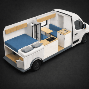 Vue plan 3D d'un fourgon aménagé créé avec le logiciel Vanspace 3D