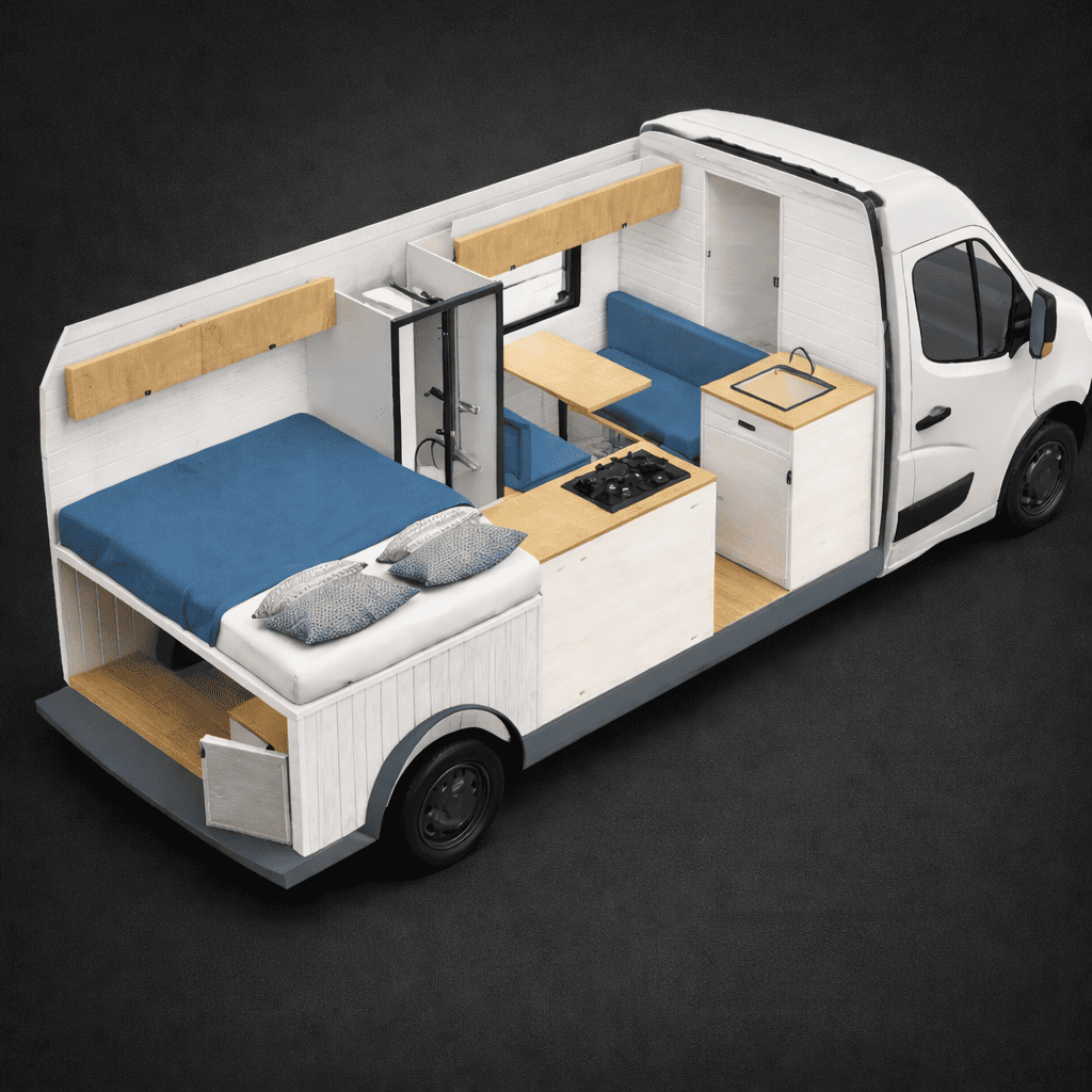 Vue plan 3D d'un fourgon aménagé créé avec le logiciel Vanspace 3D