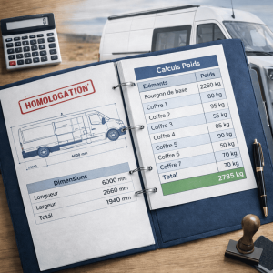 Tableau de calcul de répartition des charges et plan 2D côté pour l'homologation VASP caravane